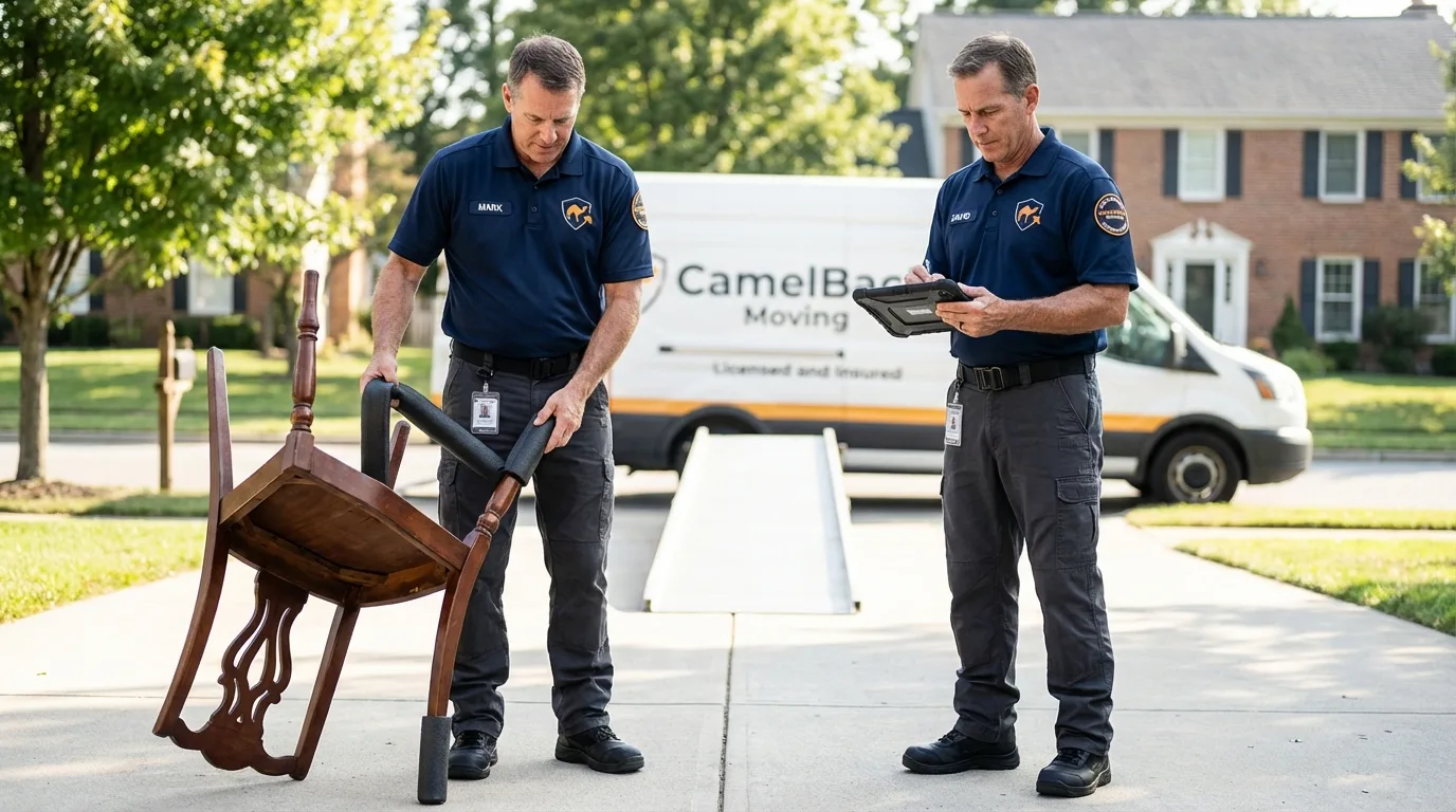 Movers inspecting furniture for damage prevention before loading in Lavonia, GA