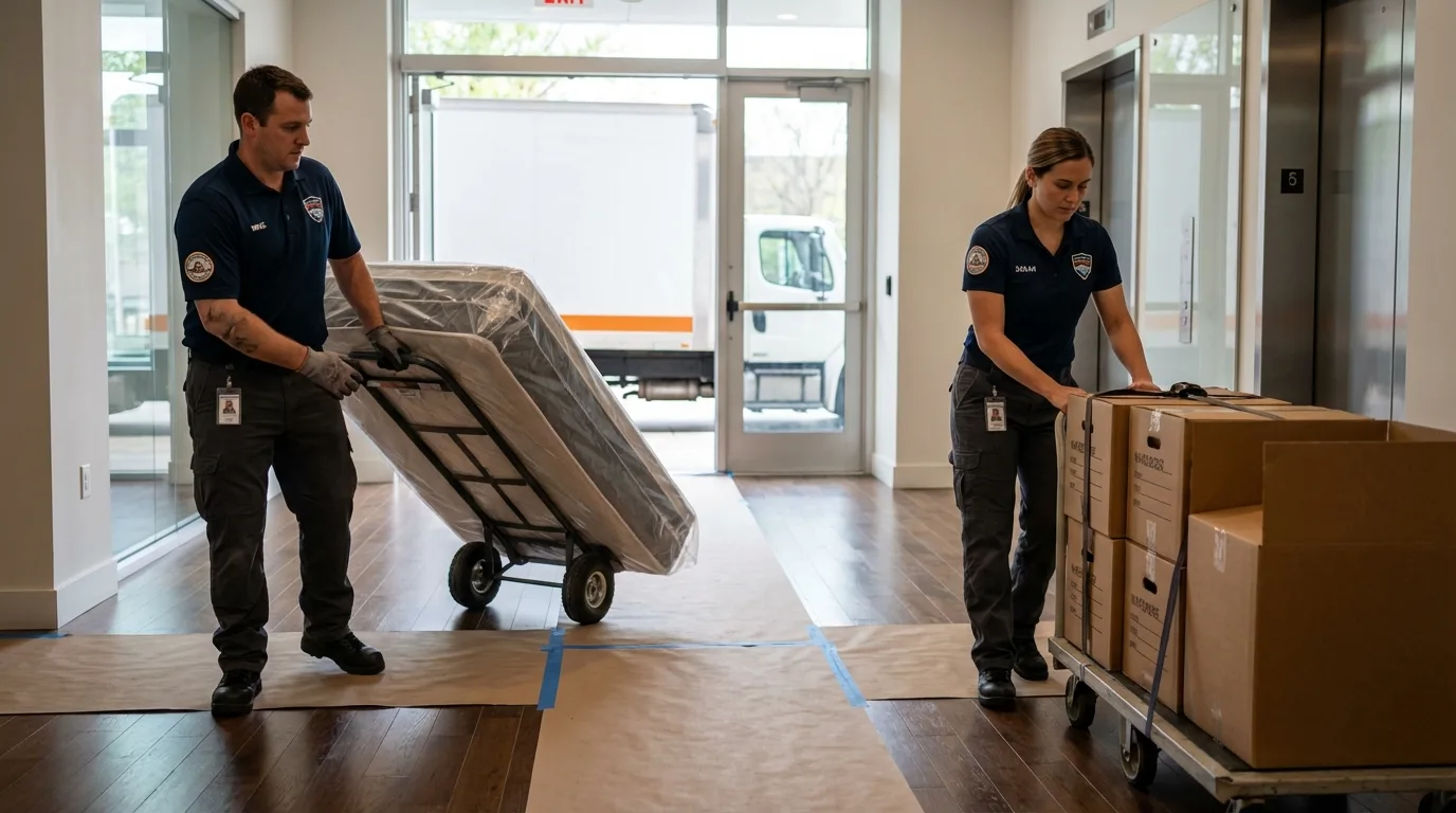 Professional apartment movers loading elevator in Lavonia, GA