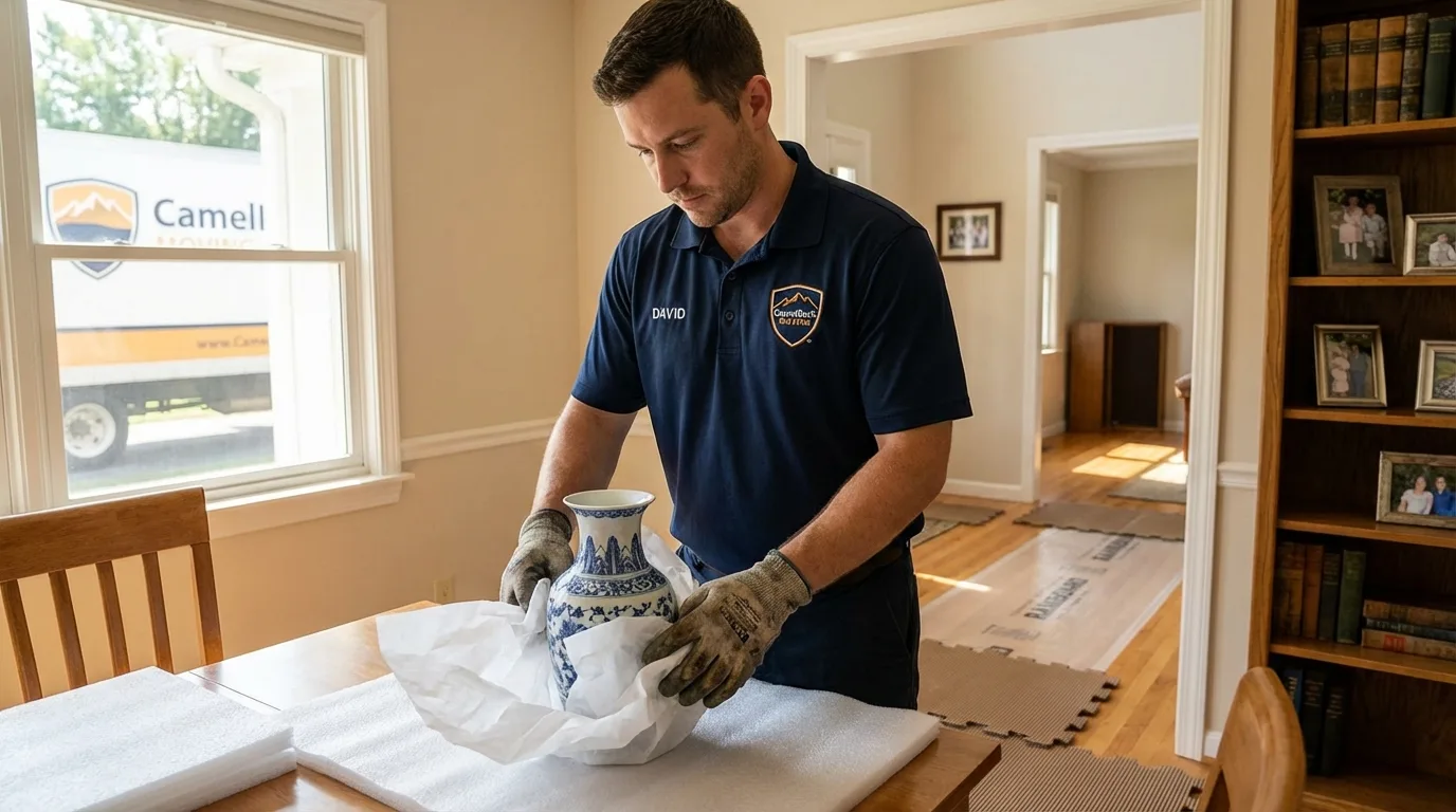 Professional crew carefully wrapping antique vase for senior downsizing move in Lavonia, GA